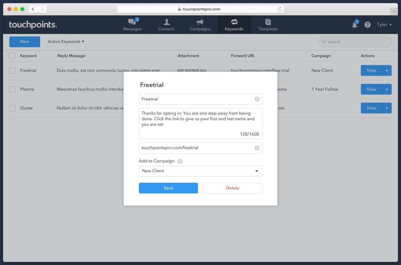 Keywords Page (Web App Screenshot)